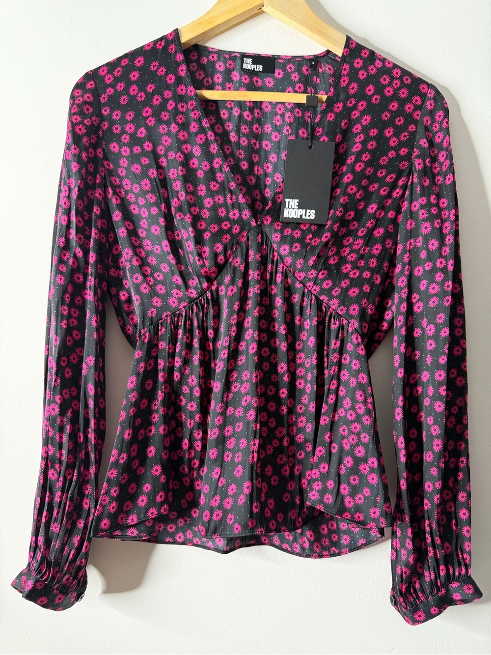 The Kooples Black Long Sleeve V-Neck Blouse with Fuchsia Floral Print